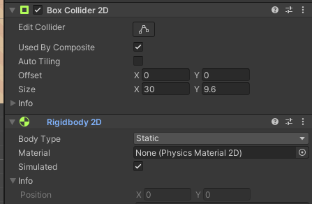 勾選Box Collider2D的Used By Composite，讓它得以被Composite使用。

並且設定Rigidbody2D的Body Type為Static。